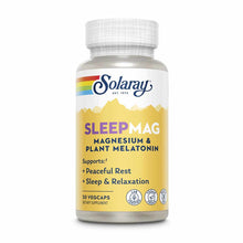 Solaray Sleep Mag supplement bottle with white cap containing 30 vegcaps, yellow label with purple text.