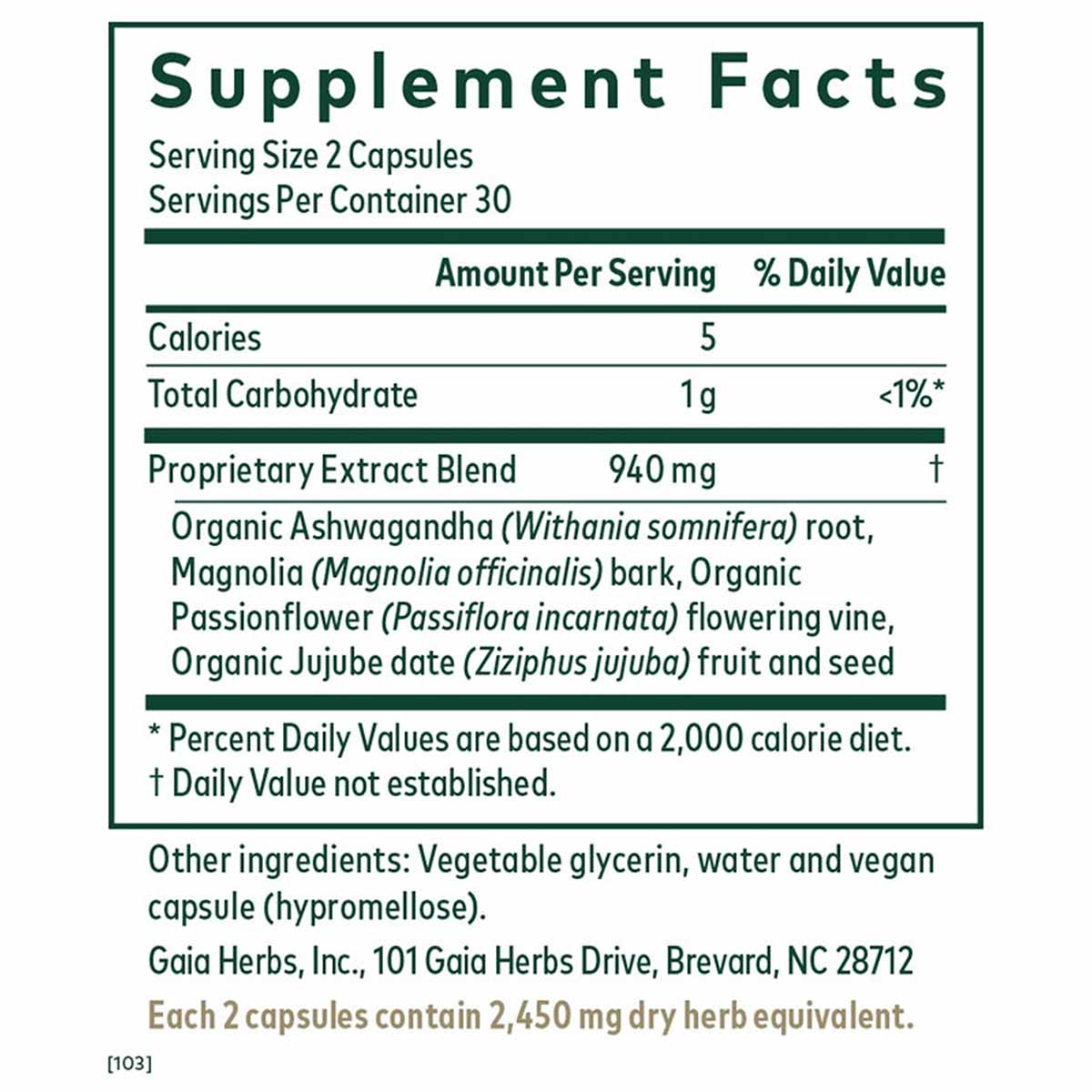 Supplement Facts label for Gaia Herbs Pro Sleep Maintenance showing serving size, ingredients including ashwagandha and passi
