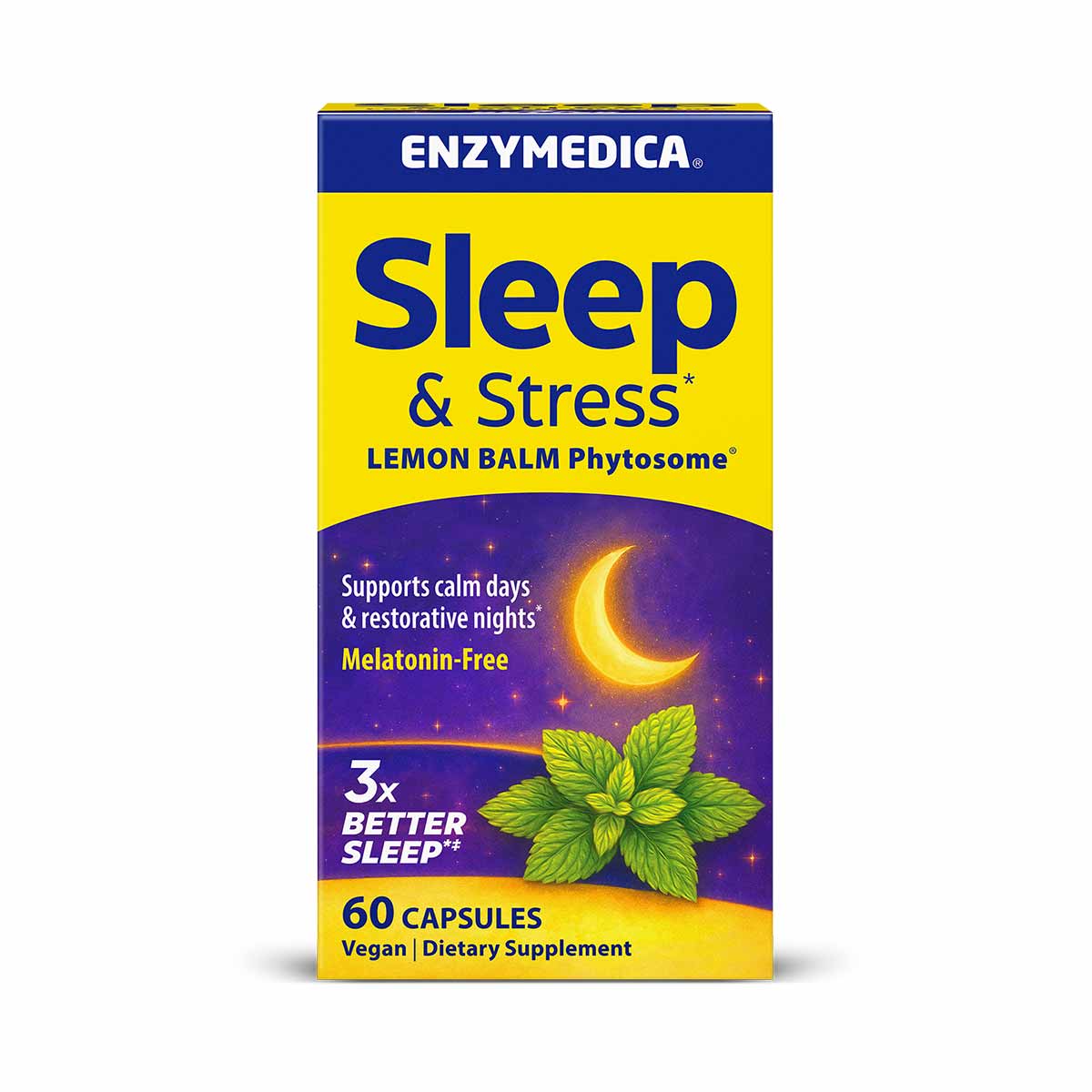 Enzymedica Sleep & Stress Lemon Balm Phytosome supplement box with 60 vegan capsules, featuring moon and lemon balm leaf grap