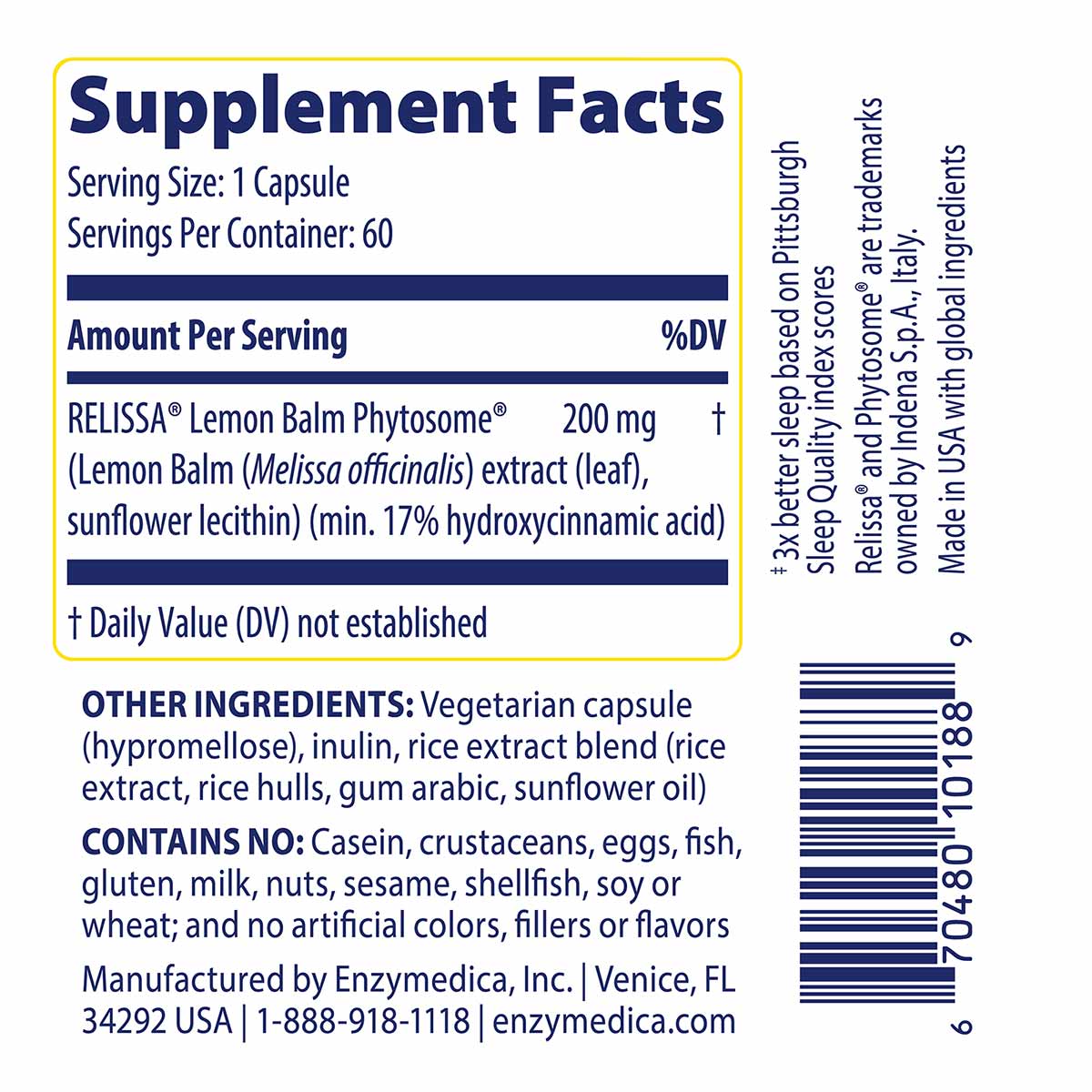 Supplement Facts label for lemon balm phytosome capsules showing 200mg per serving with 60 servings per container.