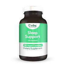 Brown glass bottle with green and white label reading "Sleep Support with Melatonin, 50 Vegan Capsules, Dietary Supplement" b