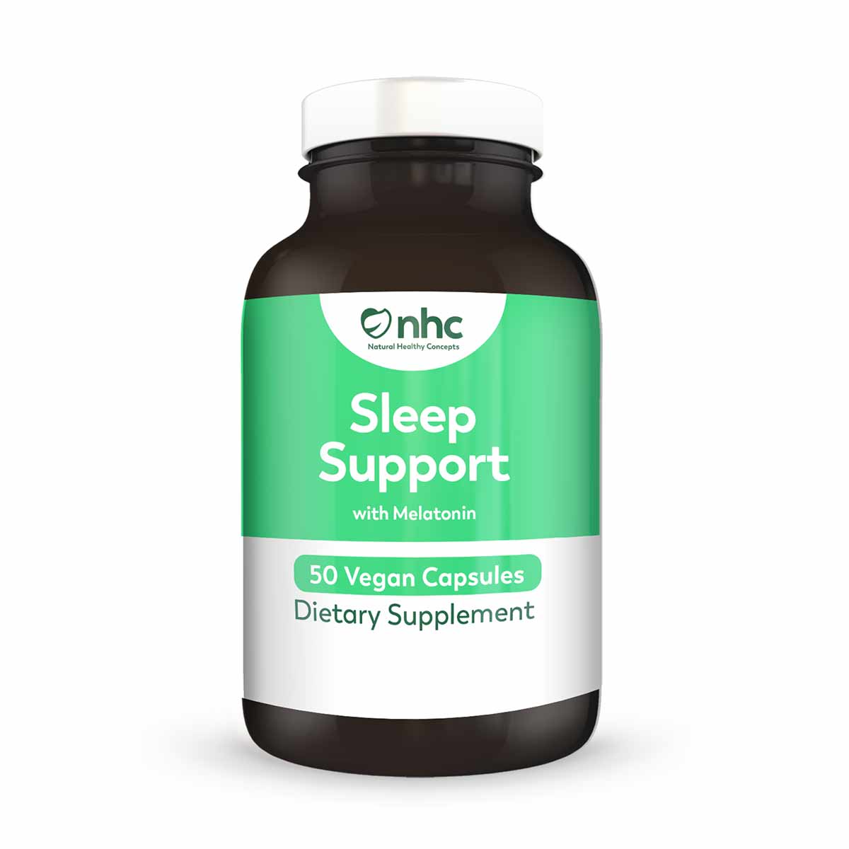 Brown glass bottle with green and white label reading "Sleep Support with Melatonin, 50 Vegan Capsules, Dietary Supplement" b