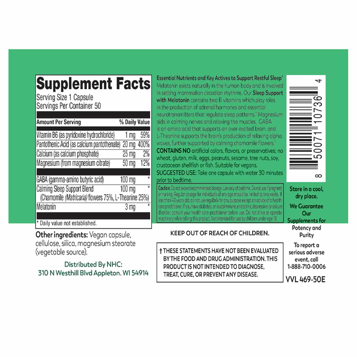 Sleep Support with Melatonin supplement bottle label showing ingredients, nutrition facts, and usage instructions on green ba