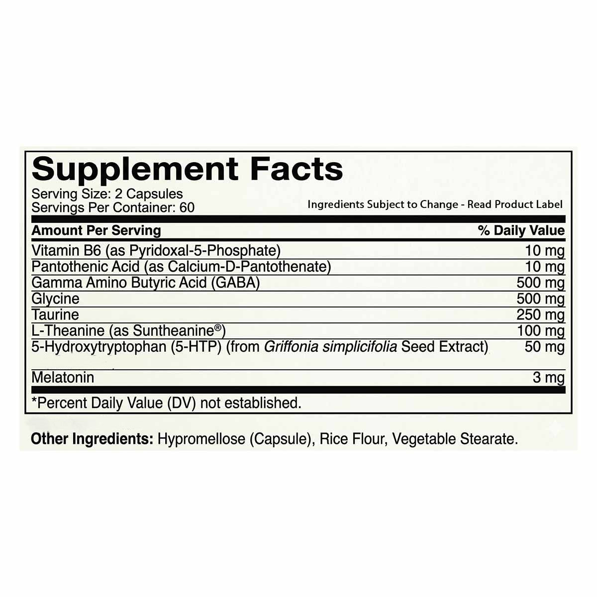 Supplement Facts label for Sleep Time New Formula showing ingredients including melatonin, GABA, glycine, taurine, and L-thea