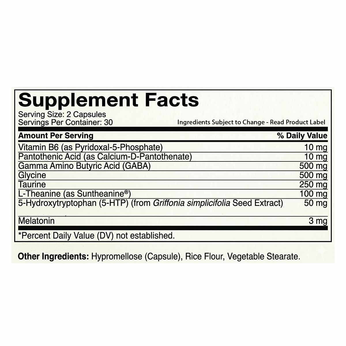 Supplement Facts label for Sleep Time New Formula showing ingredients including melatonin, L-theanine, GABA, taurine, and 5-H