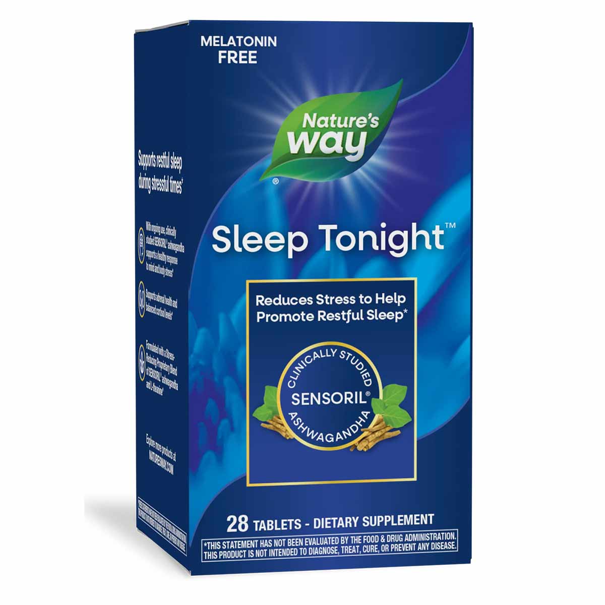 Nature's Way Sleep Tonight blue and green box containing 28 tablets, melatonin-free dietary supplement.