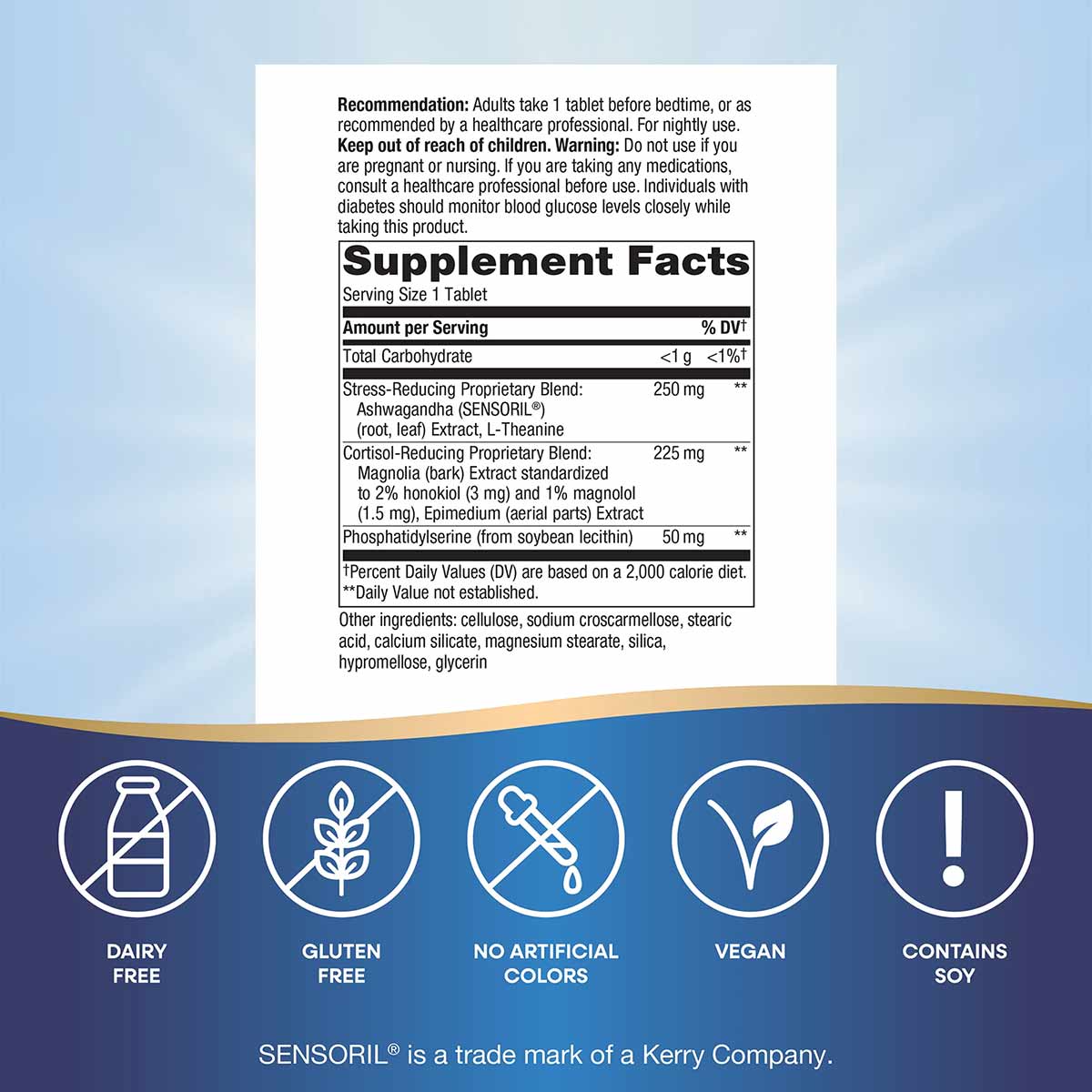 White supplement facts label for Sleep Tonight tablet showing ingredients including ashwagandha and magnolia extract with dai