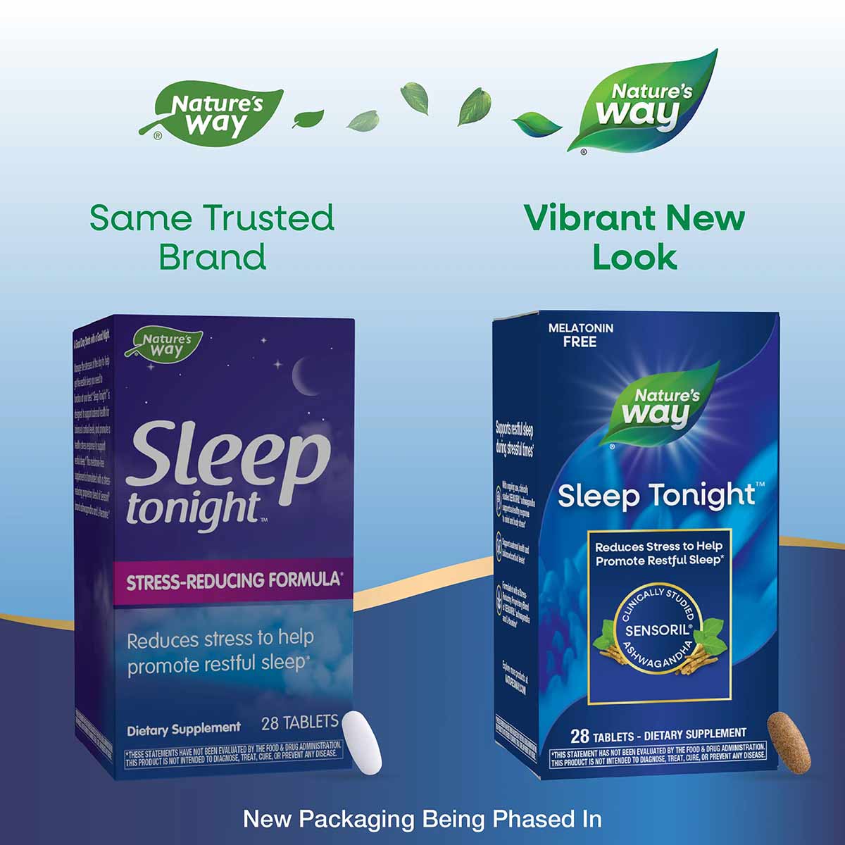 Nature's Way Sleep Tonight dietary supplement boxes showing old purple packaging on left and new blue packaging on right, eac