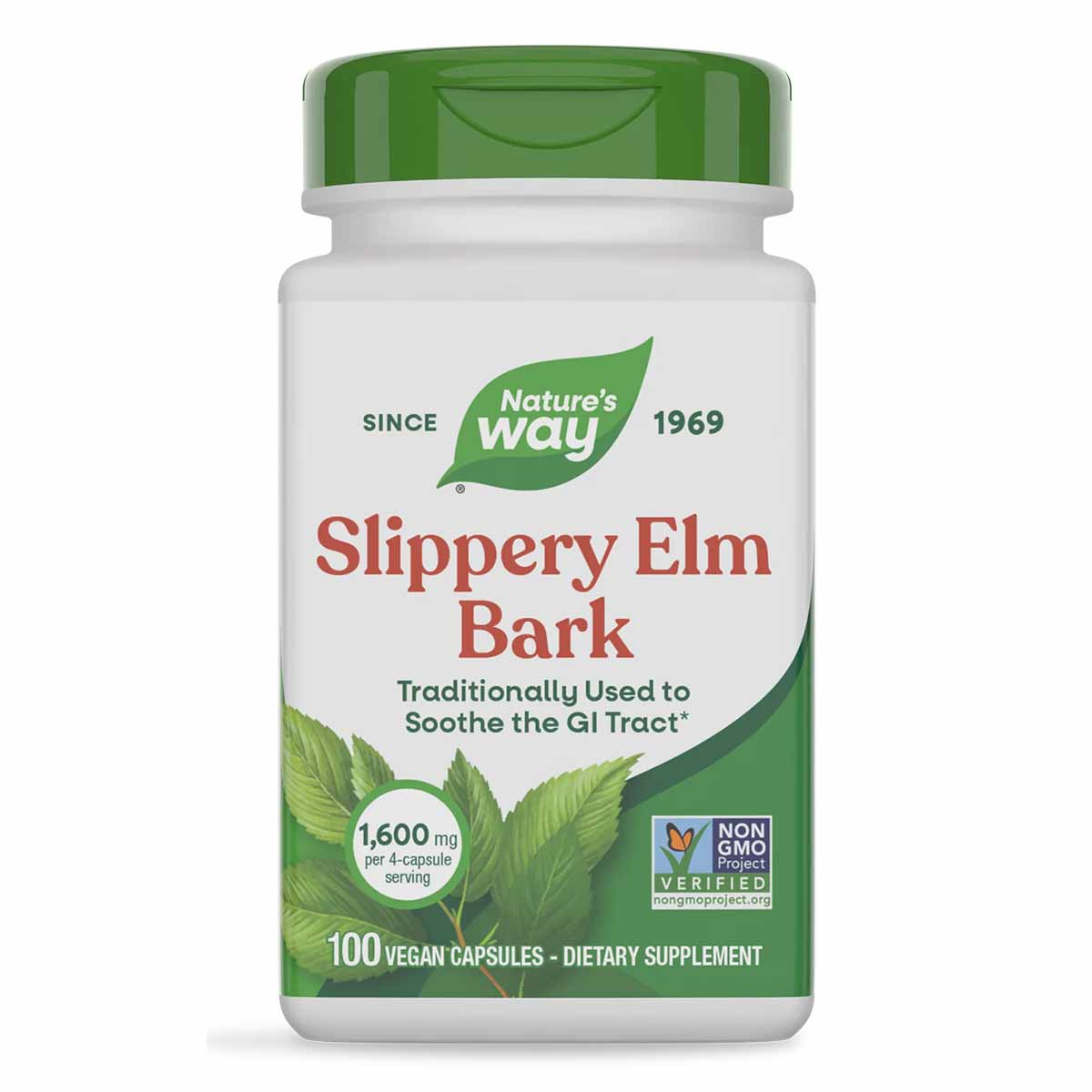 Nature's Way Slippery Elm Bark supplement bottle with green cap, white label, 100 vegan capsules, 1,600mg per serving.