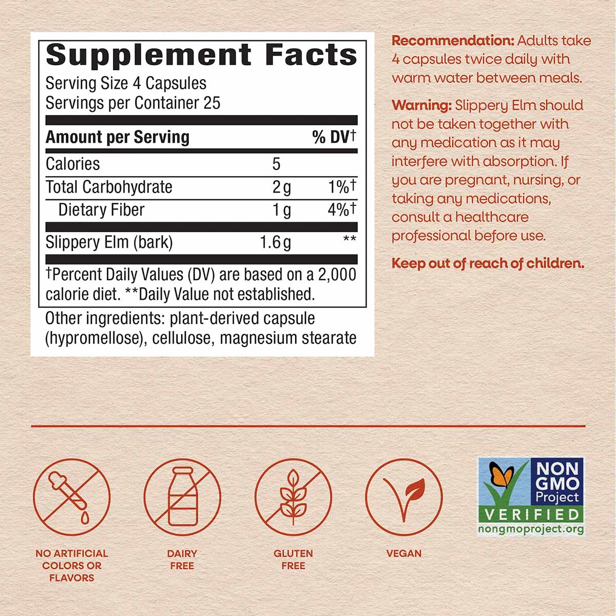 Supplement Facts label showing slippery elm bark capsules with serving size, ingredients, and certification badges for dairy-