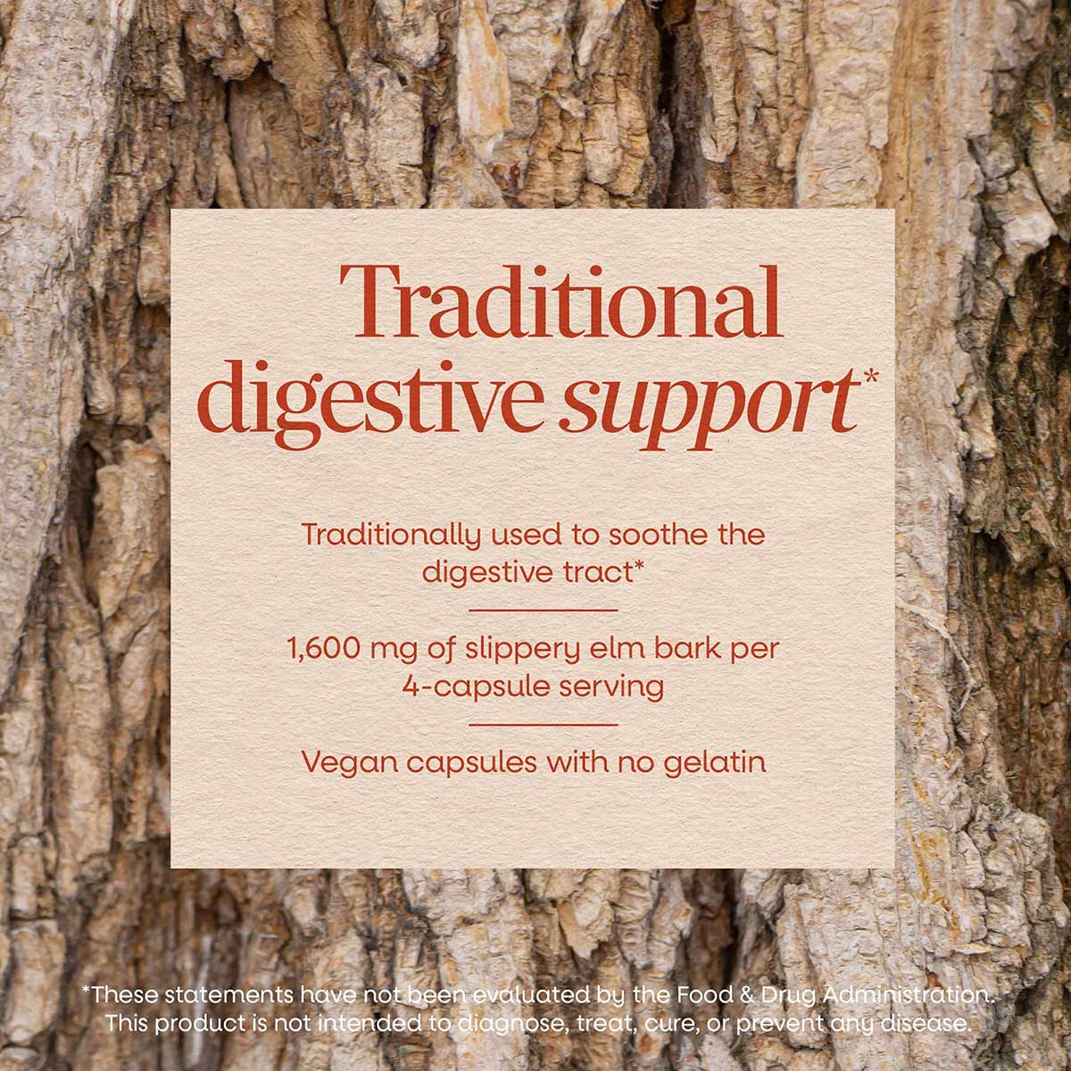 Cream-colored product label with red text on textured tree bark background describing slippery elm bark supplement details.