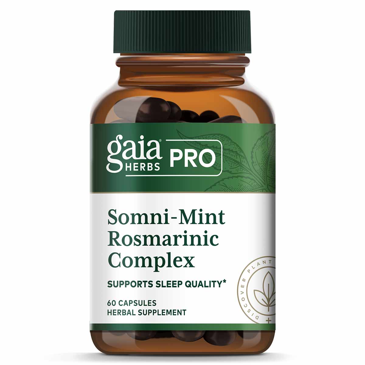 Brown glass bottle of Gaia Herbs Pro Somni-Mint Rosmarinic Complex herbal supplement containing 60 capsules with green cap.