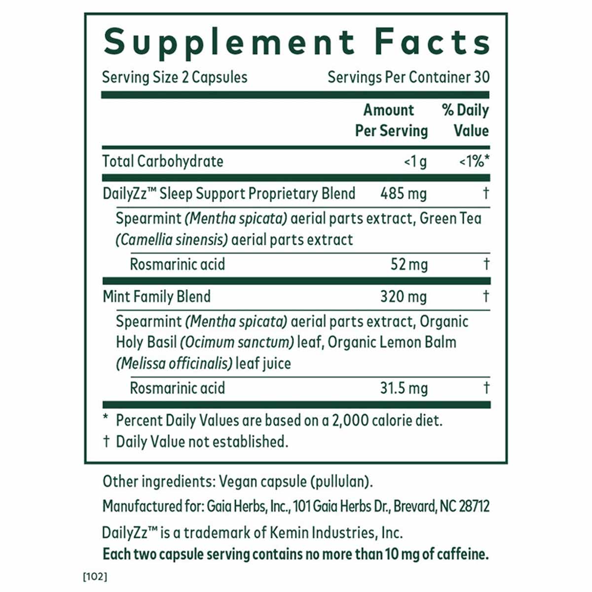 Supplement Facts label for Gaia Herbs Pro Somni Mint Rosmarinic Complex showing serving size, ingredients, and nutritional in