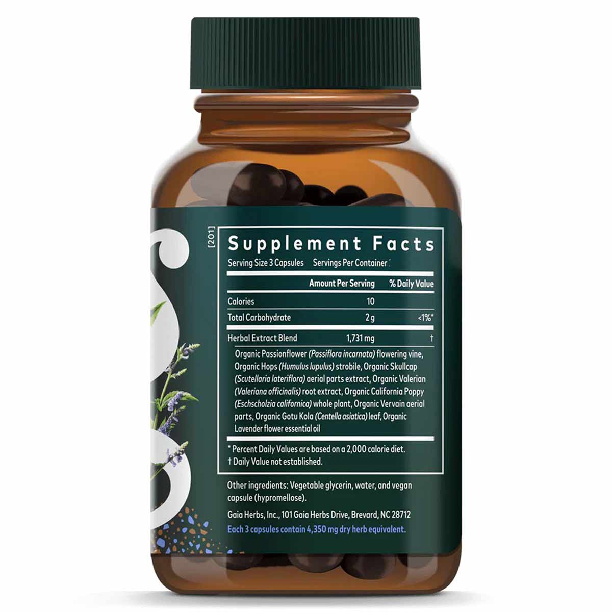 Amber glass bottle with green cap containing dark capsules and herbal supplement label with ingredient information.