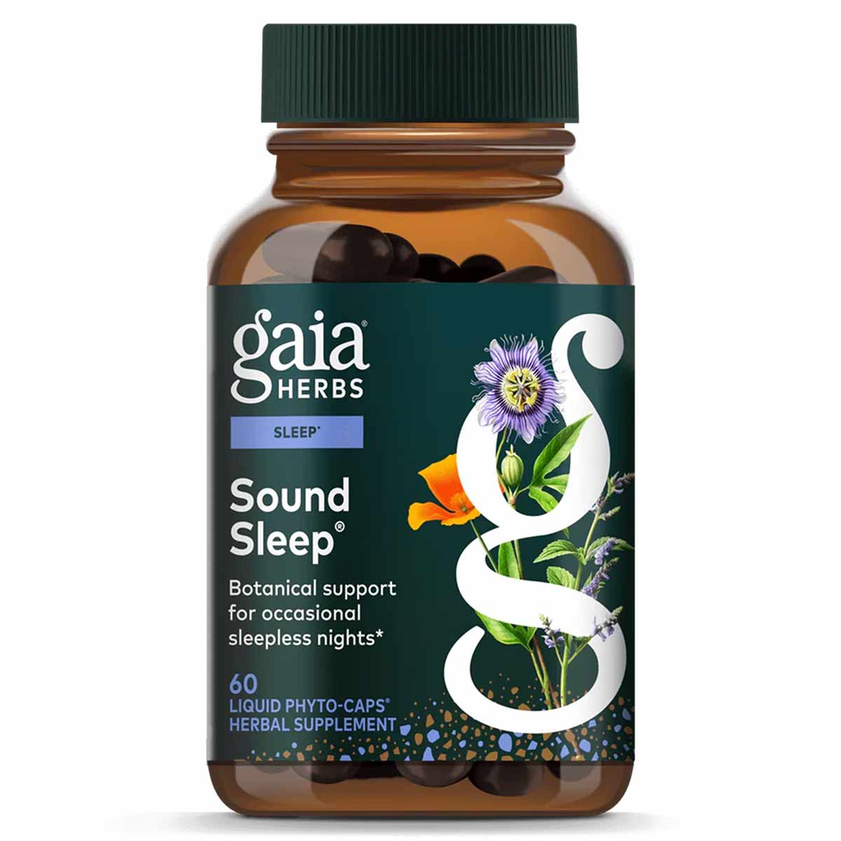 Gaia Herbs Sound Sleep bottle with green cap containing 60 dark liquid phyto-caps herbal supplement.