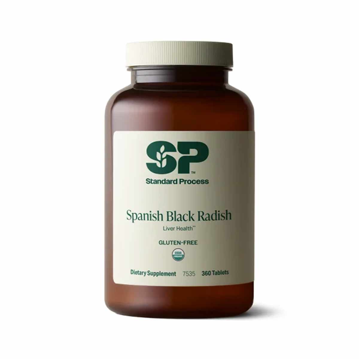 Brown glass bottle of Standard Process Spanish Black Radish dietary supplement with cream label, containing 360 tablets.