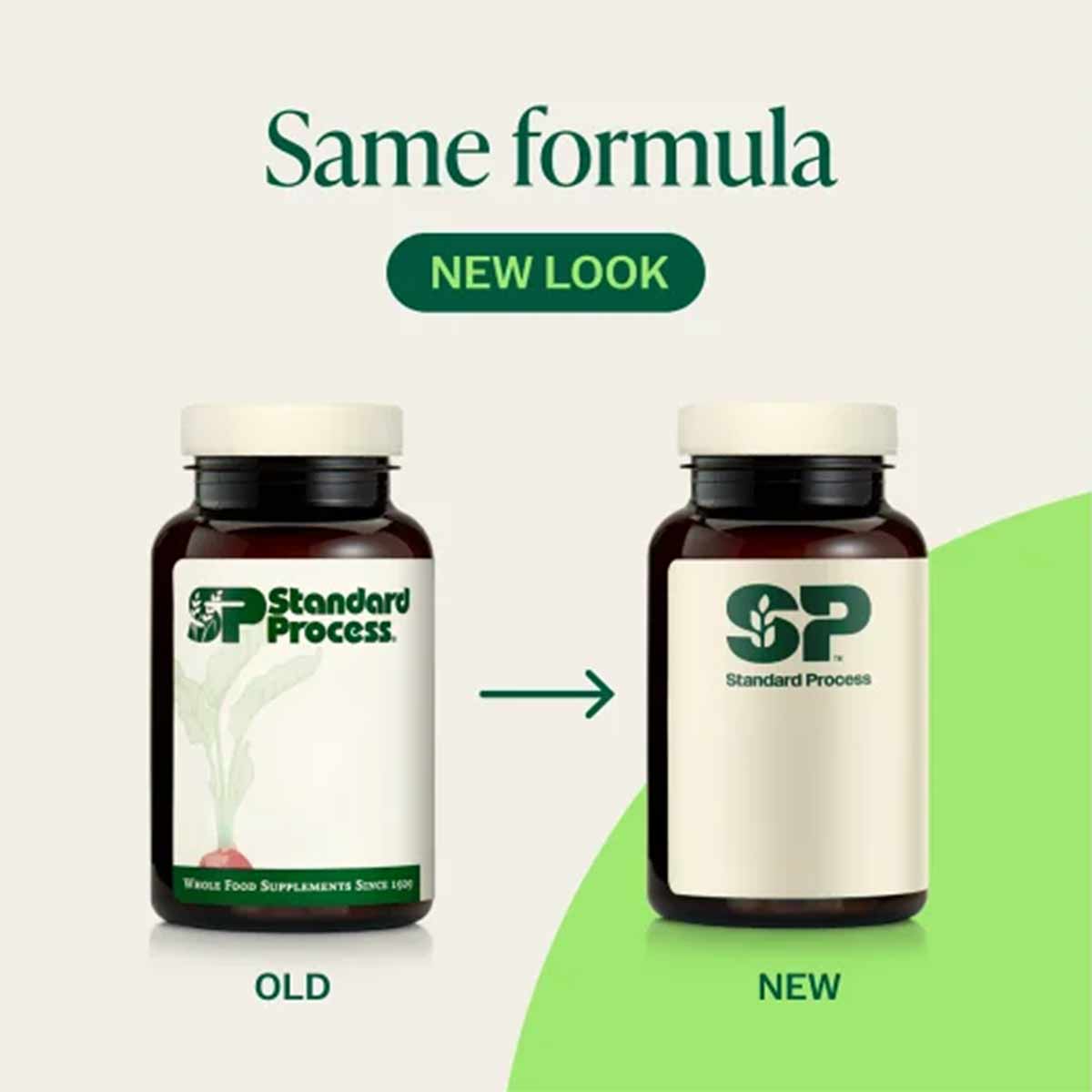 Standard Process Spanish Black Radish supplement bottles showing old and new label designs side by side.