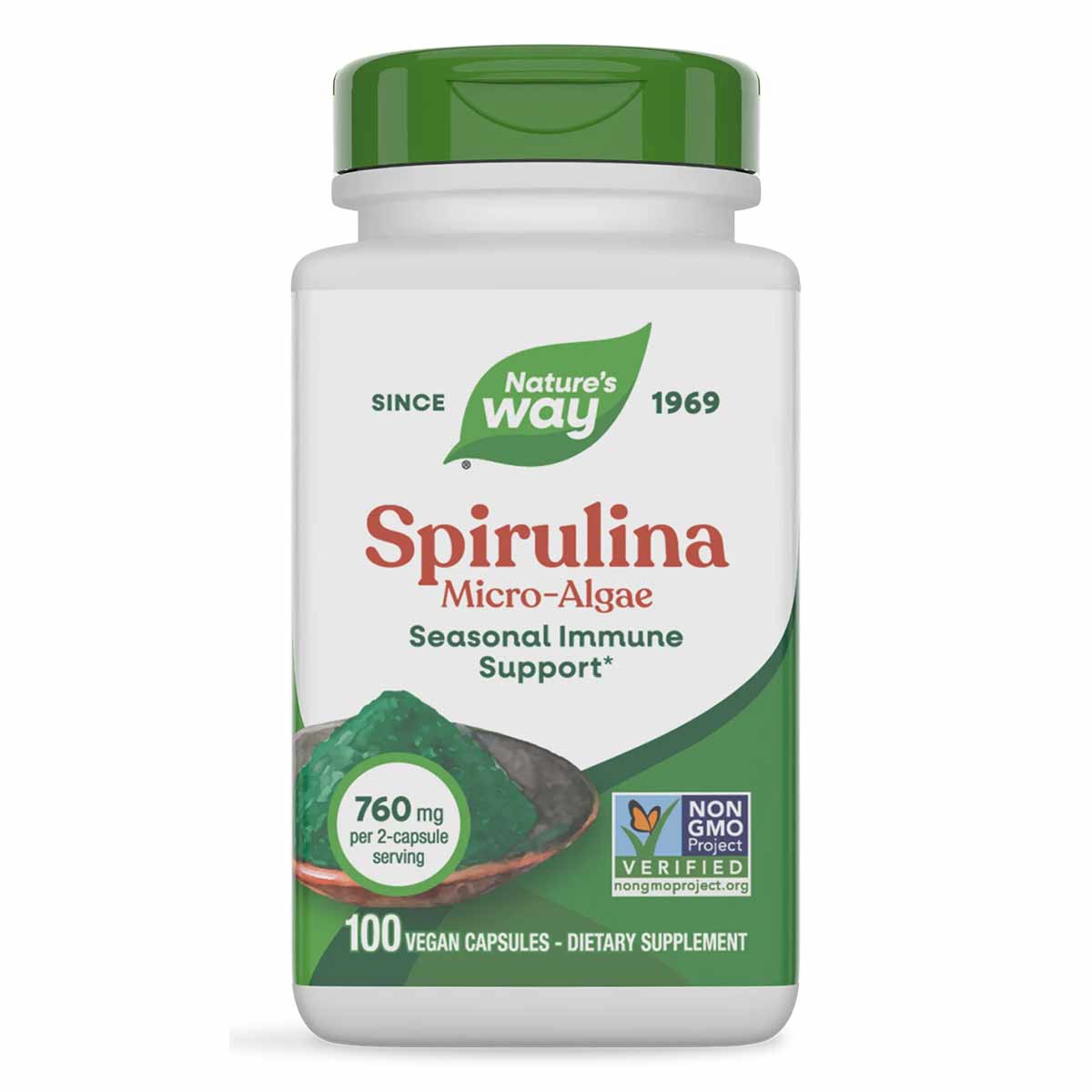 Nature's Way Spirulina Micro-Algae supplement bottle with green cap, 100 vegan capsules, 760 mg per serving.