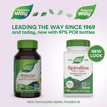 Nature's Way Spirulina Micro-Algae supplement bottles in dark glass and white plastic containers with green caps.