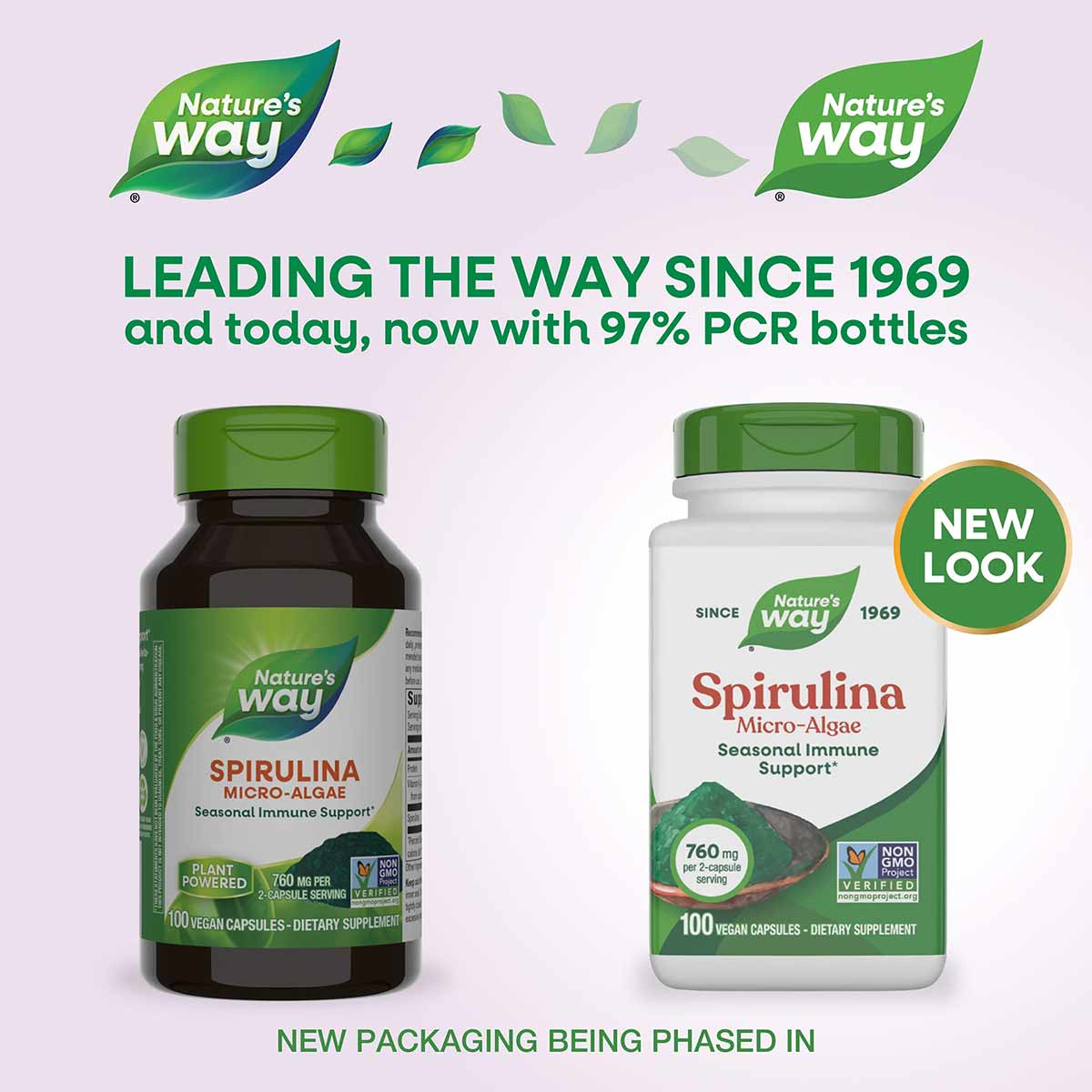 Nature's Way Spirulina Micro-Algae supplement bottles in dark glass and white plastic containers with green caps.