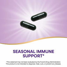 Two dark green spirulina capsules against a purple background with gold curved design element and text.