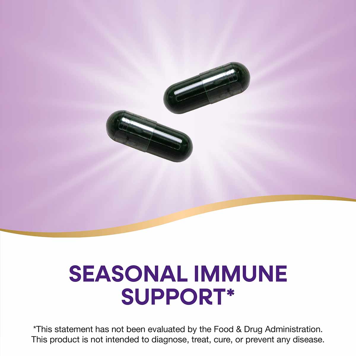 Two dark green spirulina capsules against a purple background with gold curved design element and text.