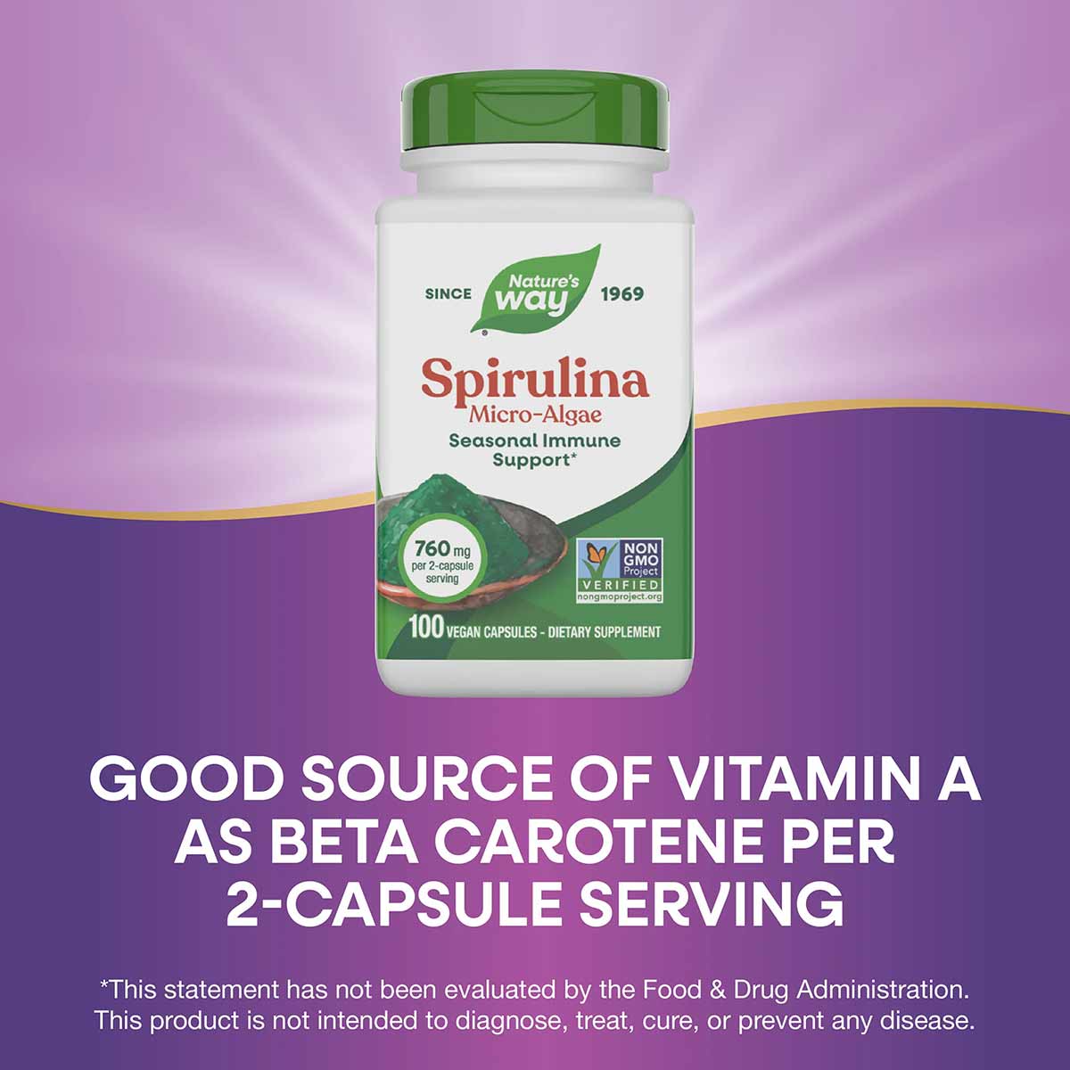 Nature's Way Spirulina Micro-Algae bottle with green cap containing 100 vegan capsules, 760 mg per serving.