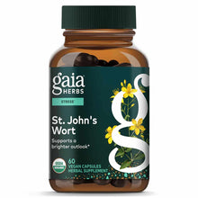 Gaia Herbs St. John's Wort bottle with green cap, dark vegan capsules visible inside amber glass jar.