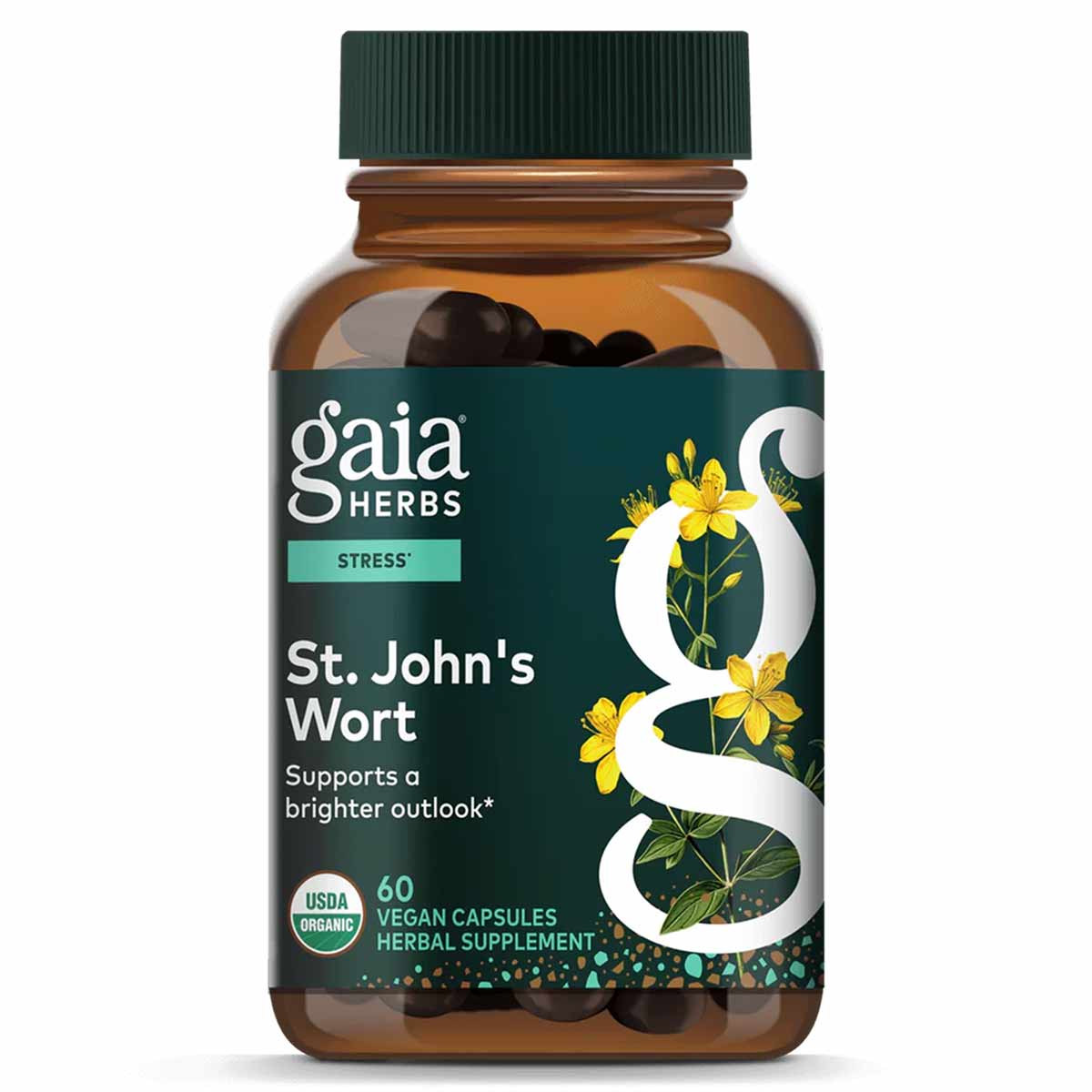 Gaia Herbs St. John's Wort bottle with green cap, dark vegan capsules visible inside amber glass jar.