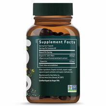 Brown glass supplement bottle with green cap containing dark capsules, labeled St. John's Wort by Gaia Herbs with Supplement 