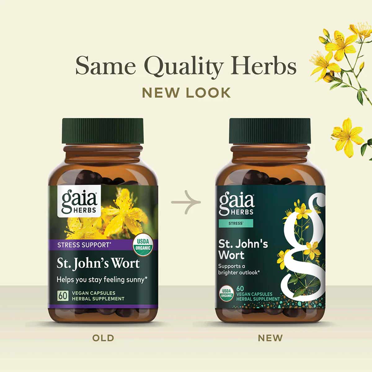 Gaia Herbs St. John's Wort supplement bottles showing old and new label designs with yellow flowers and amber glass container