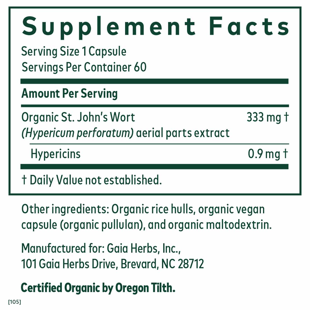 Supplement Facts label for St. John's Wort capsules showing 60 servings per container with 333 mg organic extract per capsule
