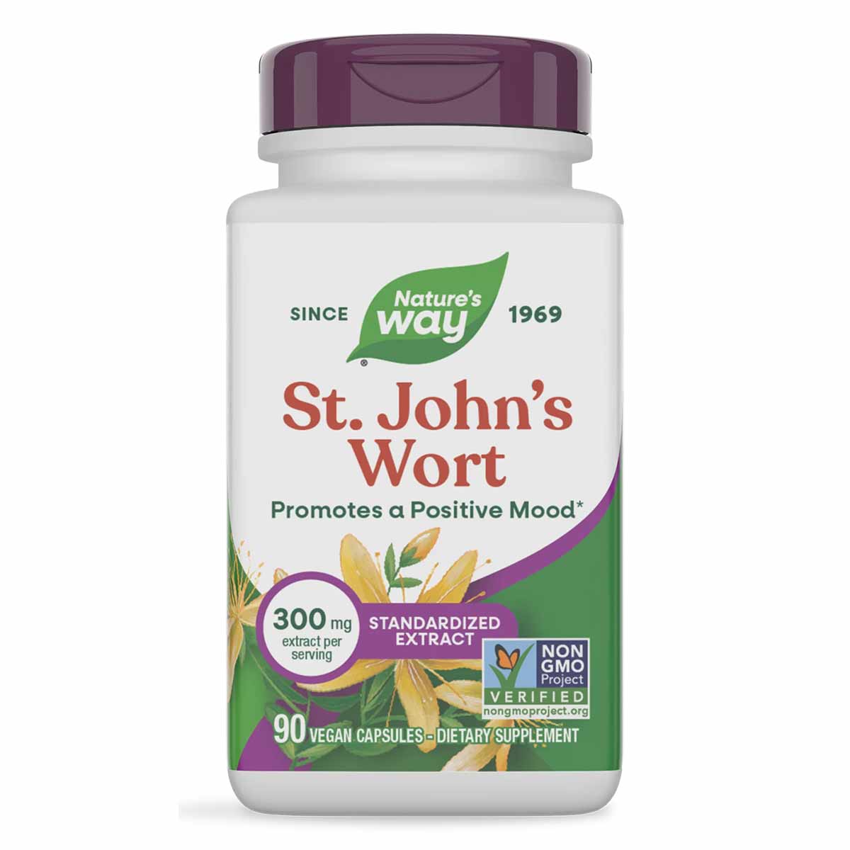 White bottle with purple cap labeled Nature's Way St. John's Wort 300 mg standardized extract, 90 vegan capsules.