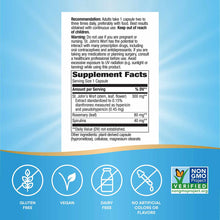 Supplement label showing St. John's Wort 300 mg capsule with dosage instructions, supplement facts, and certification badges 