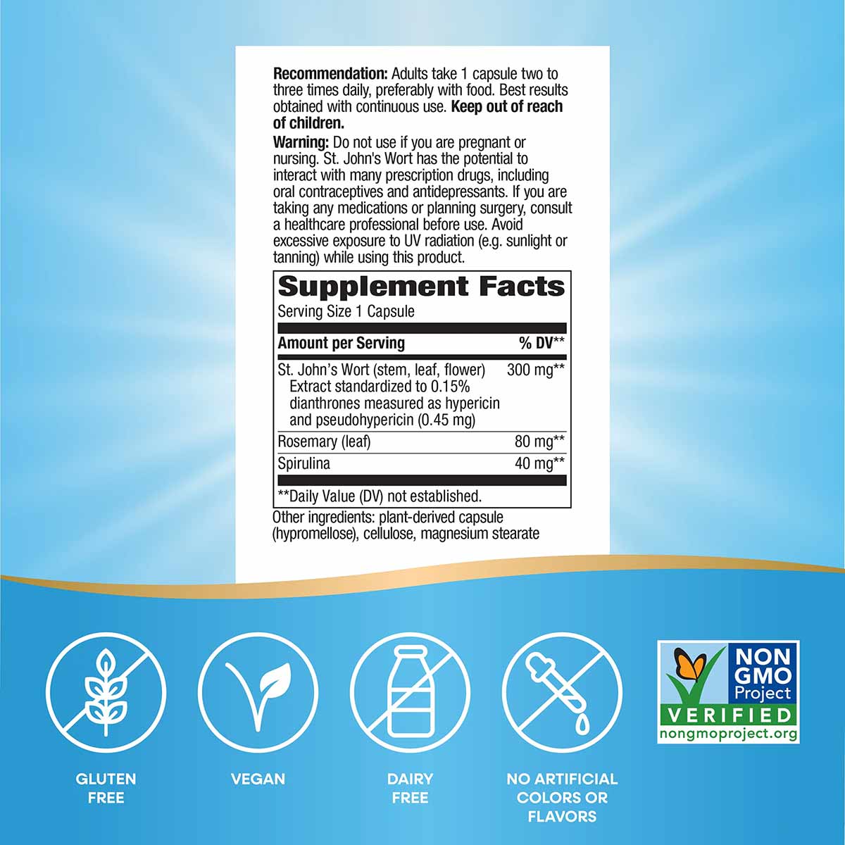 Supplement label showing St. John's Wort 300 mg capsule with dosage instructions, supplement facts, and certification badges 