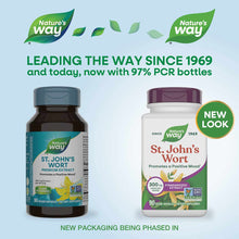 Two bottles of Nature's Way St. John's Wort Premium Extract 300 mg capsules in dark glass and white plastic containers with p