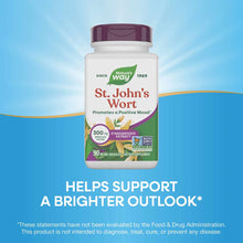 White bottle with burgundy cap containing St. John's Wort 300 mg standardized extract capsules by Nature's Way, 90 vegan caps