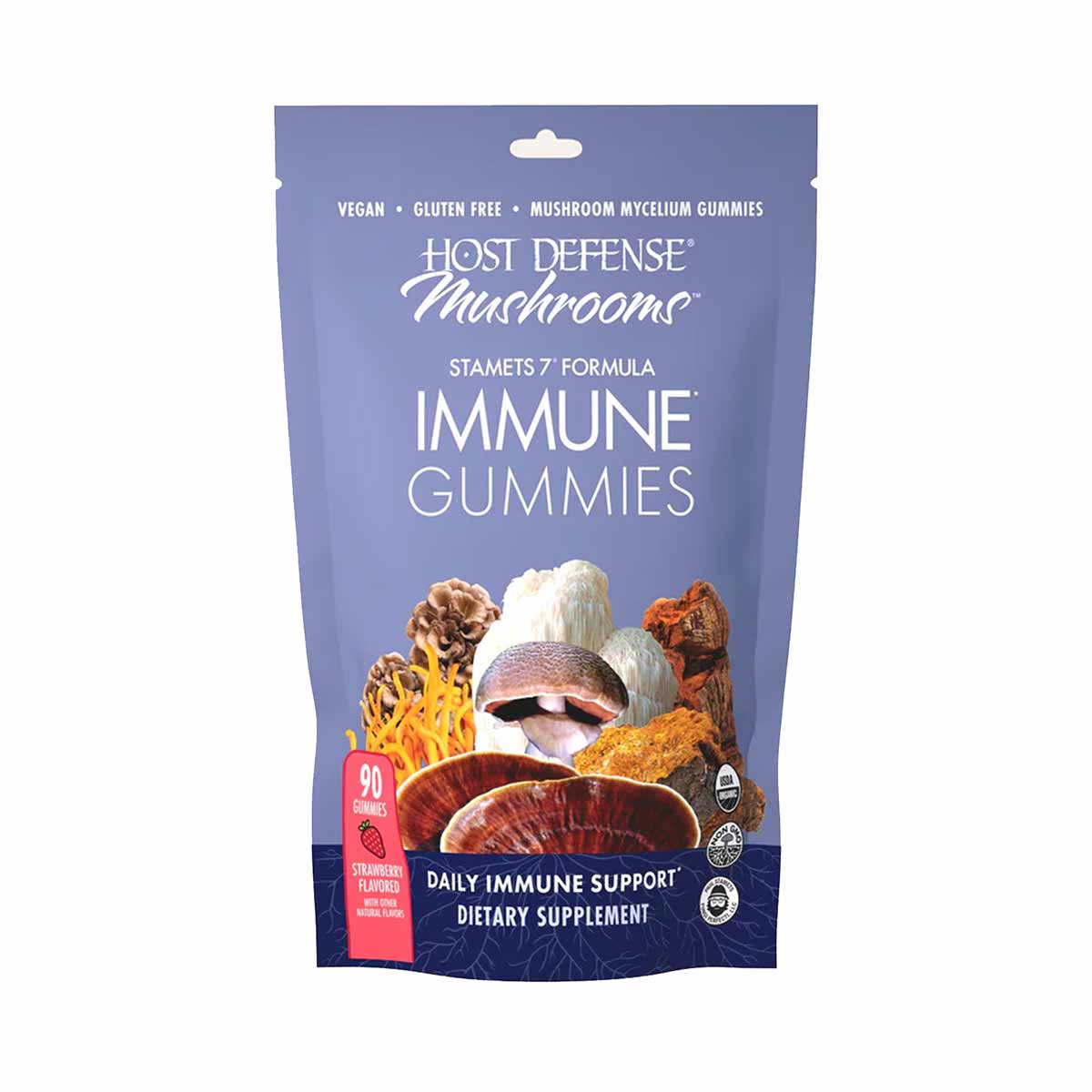 Blue resealable pouch of Host Defense Stamets 7 immune gummies with mushroom imagery and strawberry flavor label.