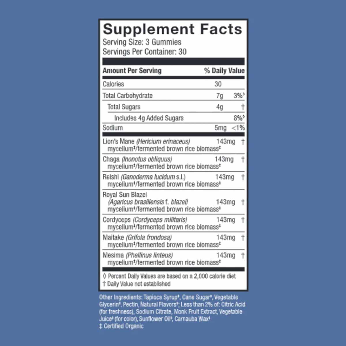Supplement Facts label showing nutritional information and ingredients for Stamets-7 Immune Gummies containing mushroom mycel
