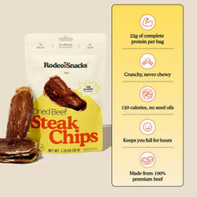 A cream and yellow Rodeo Snacks bag of dried beef steak chips stands beside stacked beef slices and a list of product benefits.