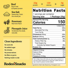 Yellow infographic listing beef, sea salt, rosemary and pineapple juice ingredients beside a Nutrition Facts label showing 150 calories and 22 grams of protein.
