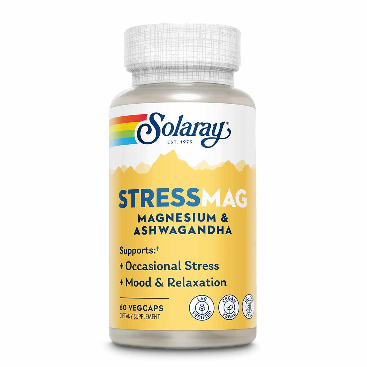 Solaray Stress Mag supplement bottle with white cap containing 60 vegcaps, yellow label with rainbow stripe logo.