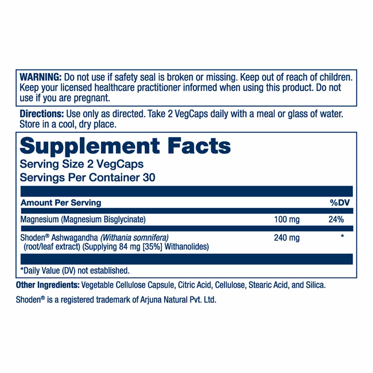 Supplement Facts label for Solaray Stress Mag showing magnesium and ashwagandha ingredients with directions and warnings.