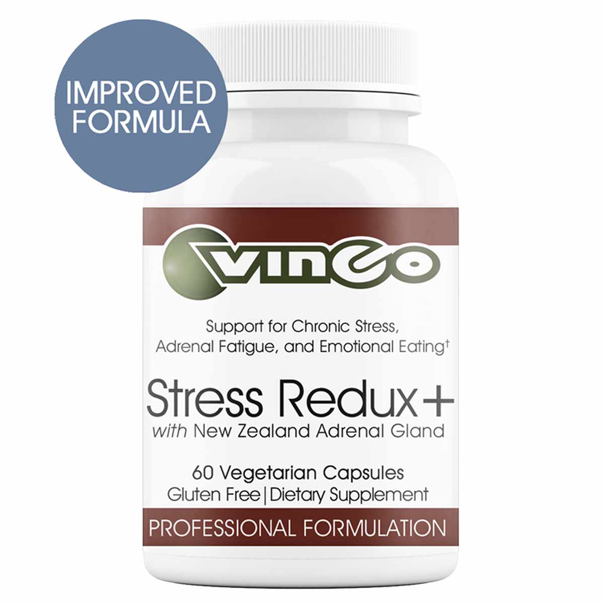 White bottle of Vinco Stress Redux Plus dietary supplement with 60 vegetarian capsules and brown label.