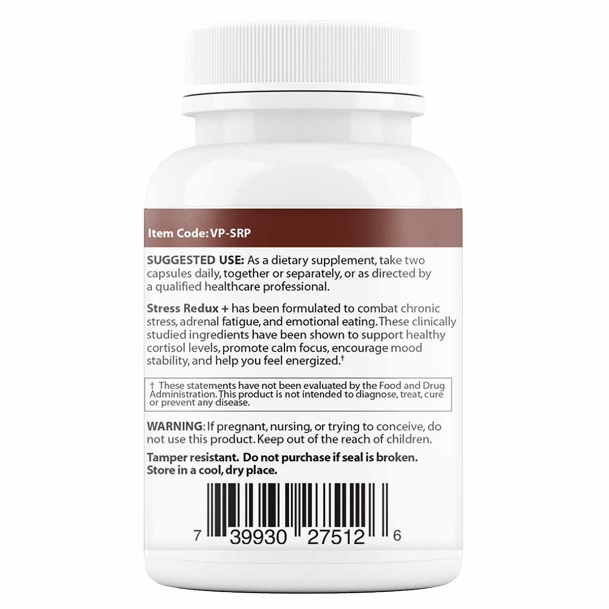 White supplement bottle with ribbed cap, brown label displaying product information, item code VP-SRP, and barcode.