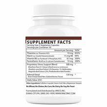 White supplement bottle with ribbed cap displaying Supplement Facts label listing vitamins, herbal extracts, and adrenal glan