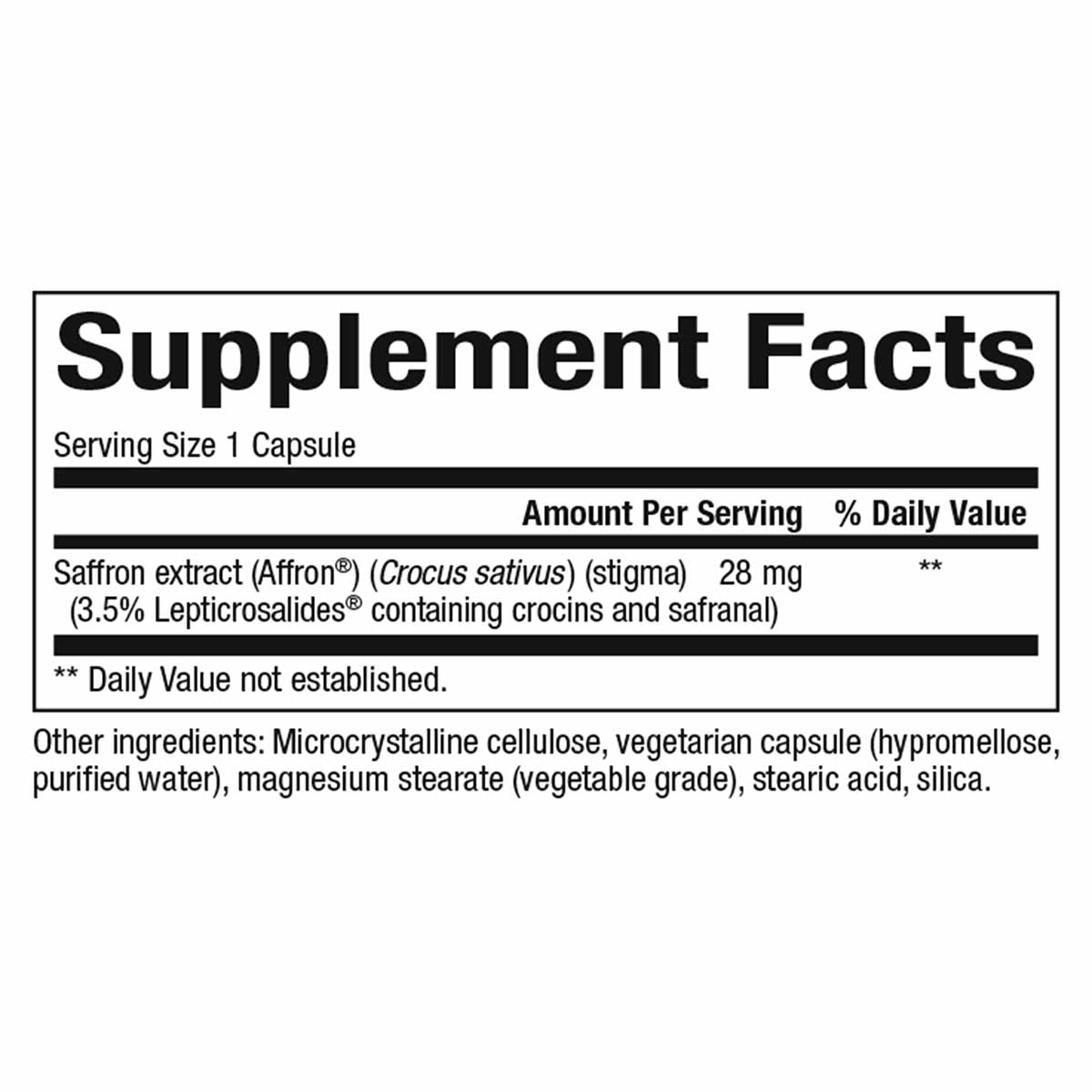 Supplement Facts label showing saffron extract 28 mg per capsule with ingredient list.
