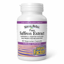 White bottle labeled Stress-Relax Pure Saffron Extract containing 60 vegetarian capsules by Natural Factors.