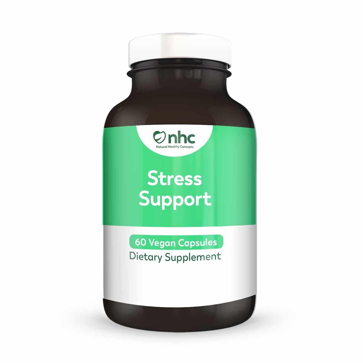 Brown glass bottle with green and white label reading "Stress Support, 60 Vegan Capsules, Dietary Supplement" by NHC.