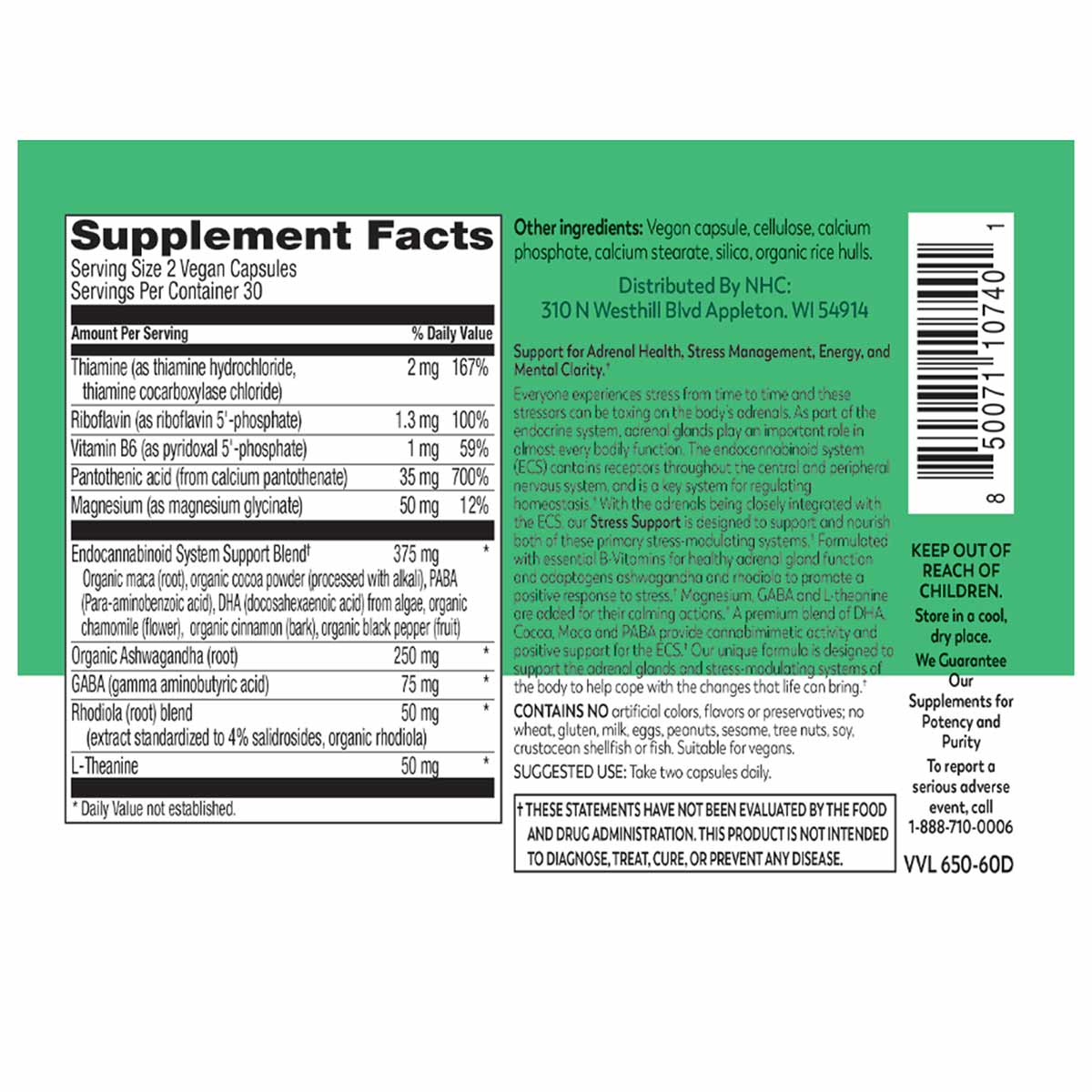 Supplement Facts label for Stress Support vegan capsules showing serving size, ingredients including thiamine, riboflavin, an